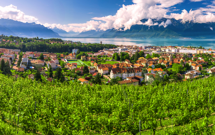 Montreux mit Schweizer Alpen, Genfersee und Weinbergen in der Region Lavaux